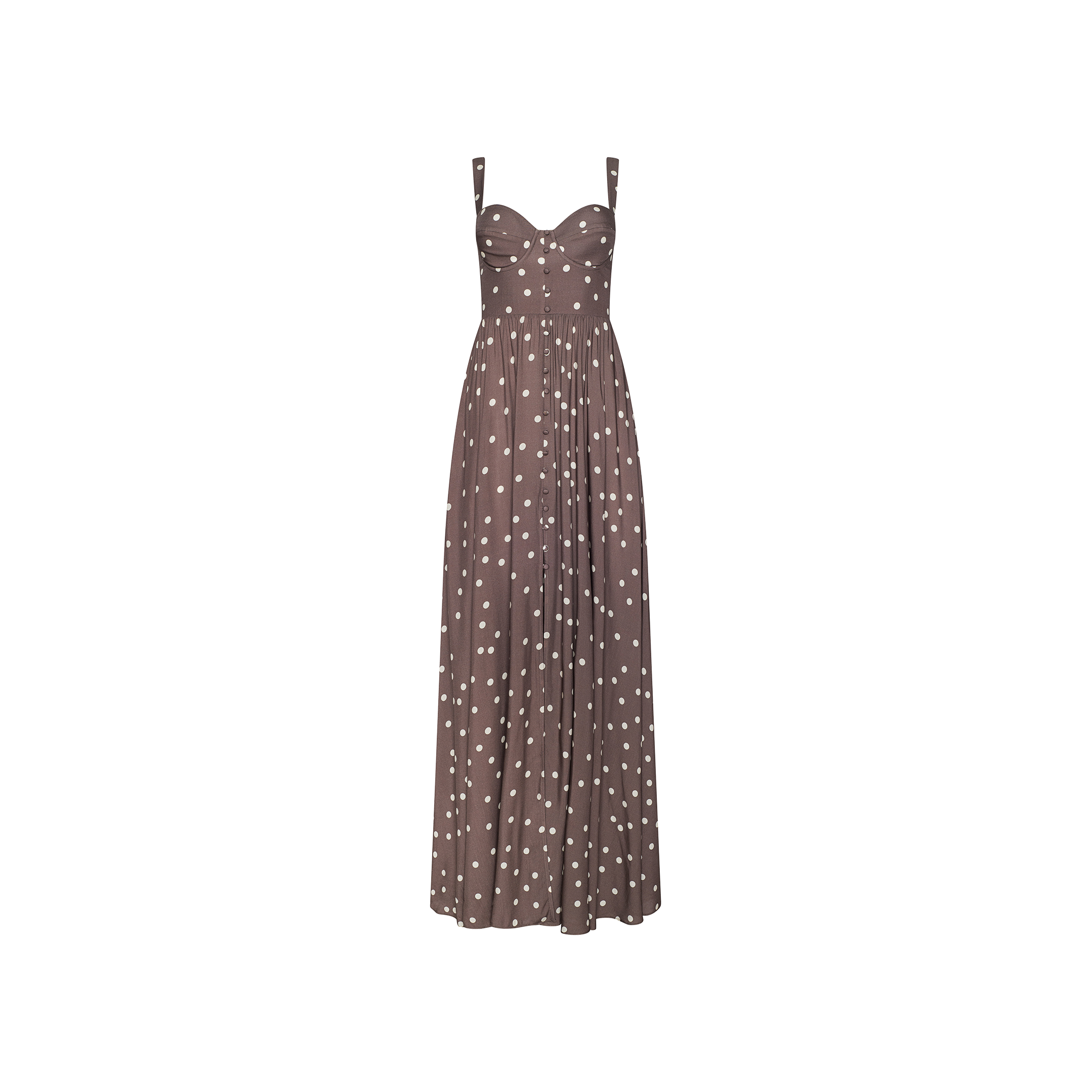 The Rosette Maxi Dress is a brown sleeveless maxi dress with white polka dots, crafted from lightweight viscose. It features a fitted bodice with a sweetheart neckline and a long, pleated skirt, shown here against a plain white background.