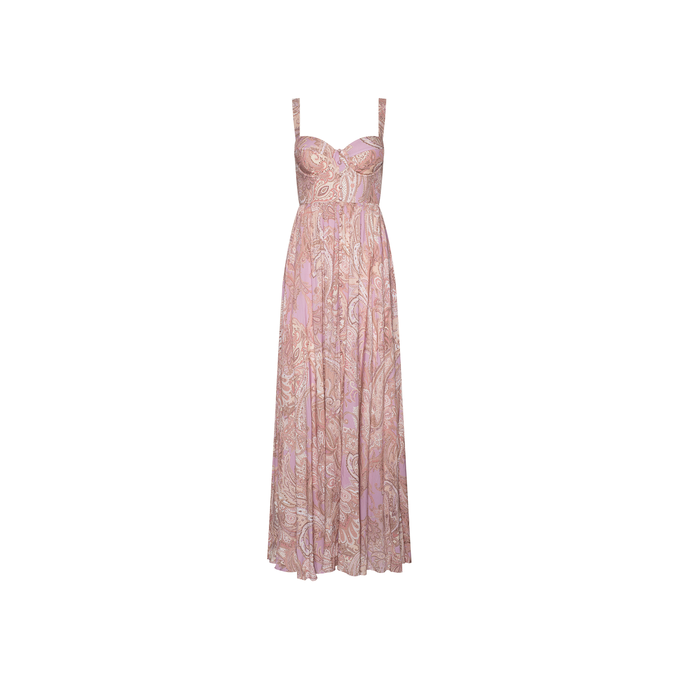 The Rosette Maxi Dress is a light pink maxi dress adorned with a subtle mauve paisley pattern, featuring a fitted bustier-style bodice and thin shoulder straps, displayed on a plain white background.