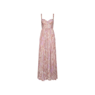 The Rosette Maxi Dress is a light pink maxi dress adorned with a subtle mauve paisley pattern, featuring a fitted bustier-style bodice and thin shoulder straps, displayed on a plain white background.
