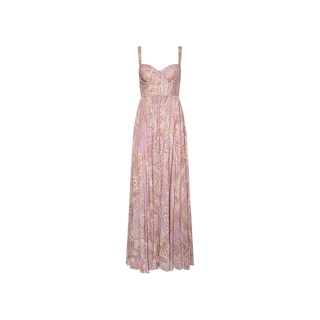 Rosette Maxi Dress—sleeveless, long mauve maxi dress featuring spaghetti straps and an all-over paisley pattern, displayed on a plain white background.
