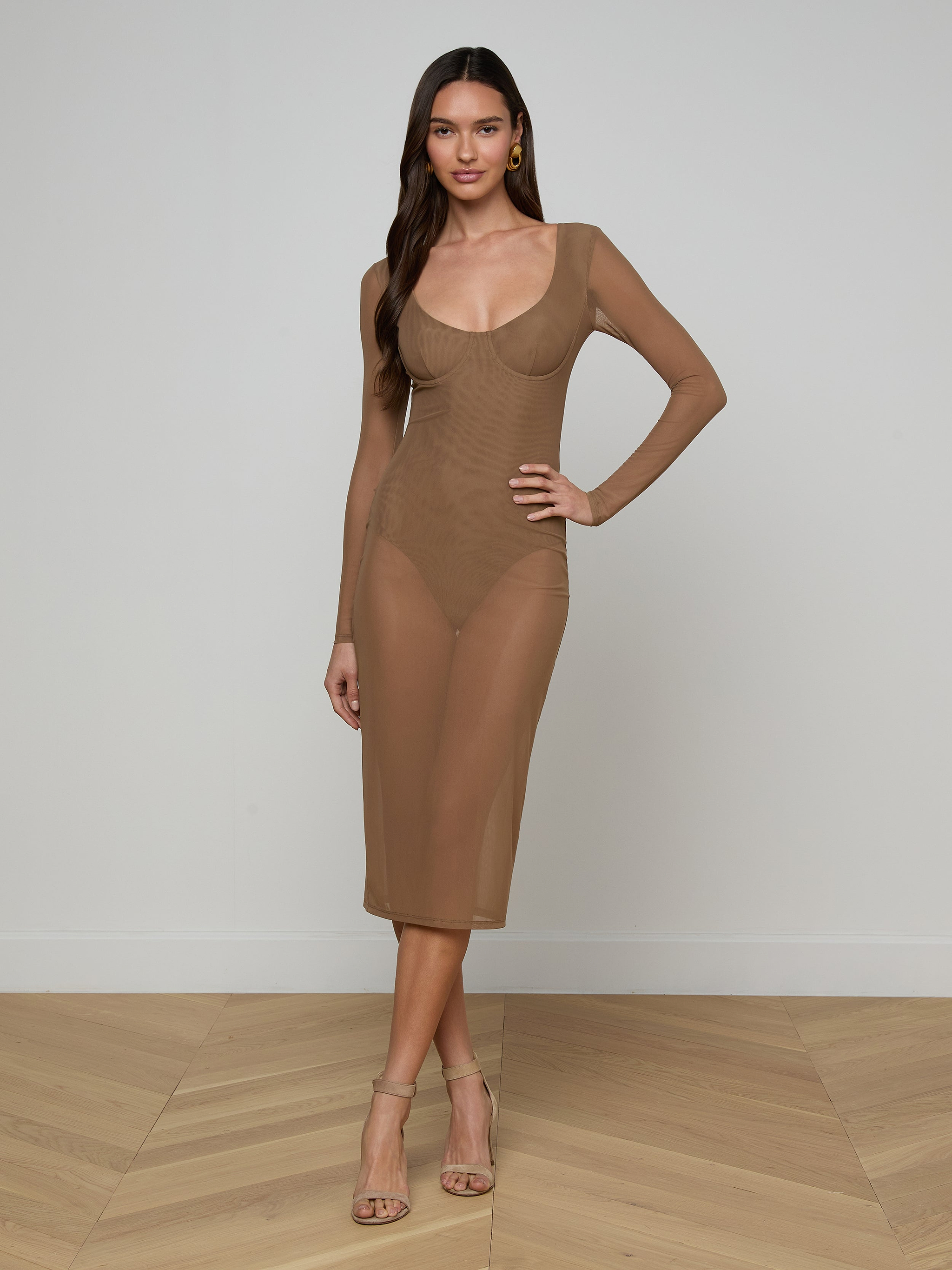 A woman poses in the Sorella Mesh Midi Dress—a fitted, sheer, long-sleeved, knee-length brown dress with stretch mesh and bodysuit lining—paired with nude heels and set against a plain white background.