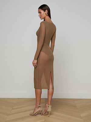 Sorella Mesh Midi Dress in Portabella | L'AGENCE Sorella Mesh Midi Dress in Portabella | L'AGENCE