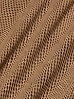Close-up of the Sorella Mesh Midi Dress in light brown mesh fabric, featuring a fine open weave and soft diagonal folds that create subtle shadows and texture across its surface.