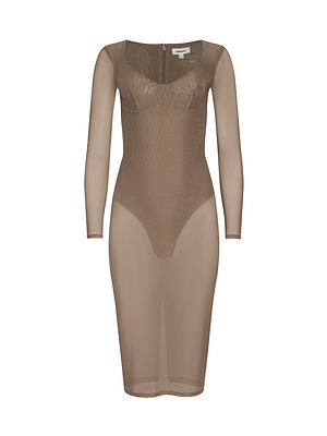 The Sorella Mesh Midi Dress is a nude beige, sheer long-sleeve stretch mesh dress featuring a fitted silhouette, visible seams, underwired bust, and knee-length cut. Displayed against a plain white background.