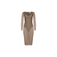 The Sorella Mesh Midi Dress is a sheer, brown, long-sleeve midi dress featuring a fitted silhouette and visible built-in bra detailing. Crafted from stretch mesh with a bodysuit lining, it is displayed on a plain white background.
