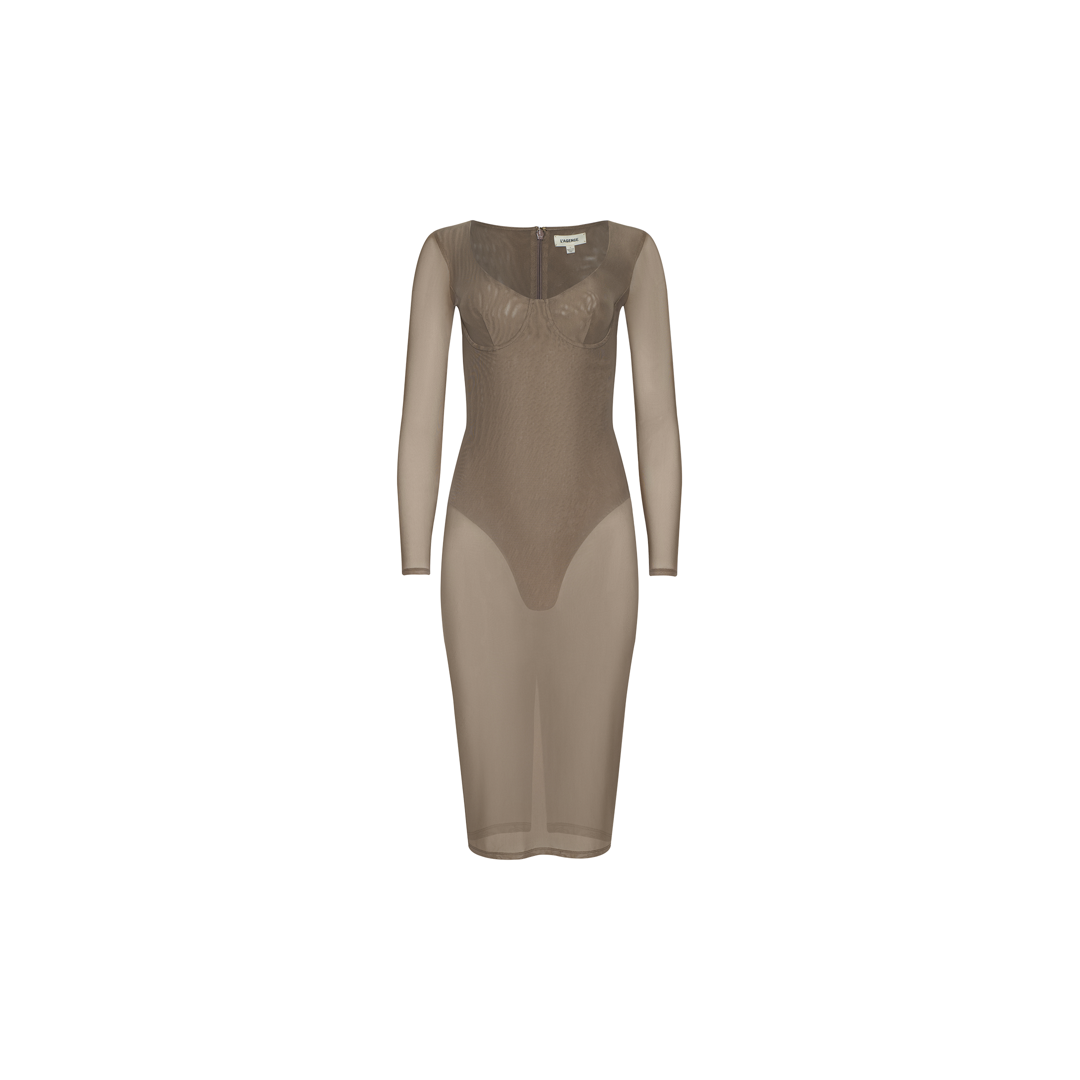 The Sorella Mesh Midi Dress is a sheer, brown, long-sleeve midi dress featuring a fitted silhouette and visible built-in bra detailing. Crafted from stretch mesh with a bodysuit lining, it is displayed on a plain white background.