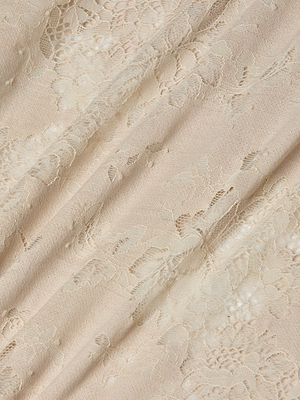 Close-up of the Ralphie Lace Midi Dress’s sheer floral lace, featuring delicate embroidery and a soft texture, gently draped in natural folds—perfect for creating a graceful midi look.