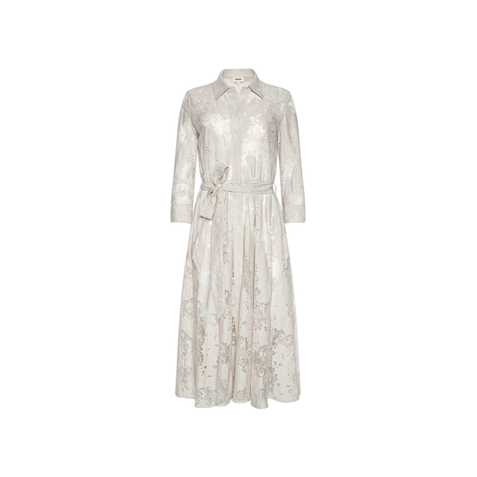 Introducing the Ralphie Lace Midi Dress—a timeless piece in a light beige hue. It features long sleeves, a collared neckline, and an elegant lace pattern. The button-down front and matching tie belt cinch the waist, while the gently flared skirt creates an effortlessly graceful silhouette.