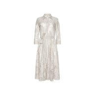 Introducing the Ralphie Lace Midi Dress—a timeless piece in a light beige hue. It features long sleeves, a collared neckline, and an elegant lace pattern. The button-down front and matching tie belt cinch the waist, while the gently flared skirt creates an effortlessly graceful silhouette.