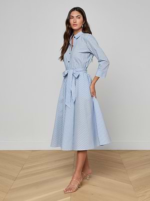 Ralphie Midi Dress in Light Blue/Dark Blue Stripe | L'AGENCE Ralphie Midi Dress in Light Blue/Dark Blue Stripe | L'AGENCE