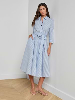 L'Agence Ralphie Midi Dress In Light Blue/Dark Blue Stripe L'Agence Ralphie Midi Dress In Light Blue/Dark Blue Stripe