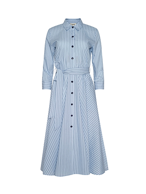 The Ralphie Midi Dress is a light blue striped shirt dress in Italian poplin, featuring long sleeves, a collar, black front buttons, a waist tie belt, and a flared midi skirt for an effortlessly chic look.