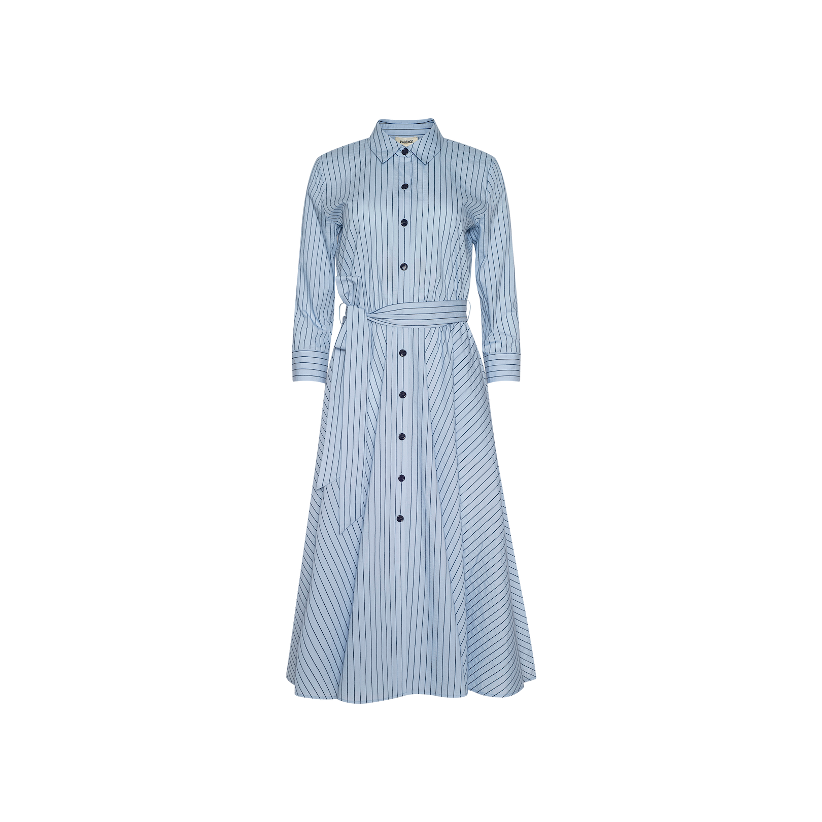 Ralphie Midi Dress in light blue poplin, showcasing long sleeves, a collared neckline, vertical and diagonal white stripes, and a matching waist tie, displayed on a plain white background.
