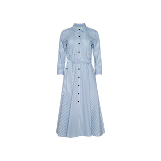 The Ralphie Midi Dress is a light blue, long-sleeve, button-down shirt dress featuring vertical and diagonal white stripes, a collared neckline, and a matching waist tie, displayed against a plain white background.