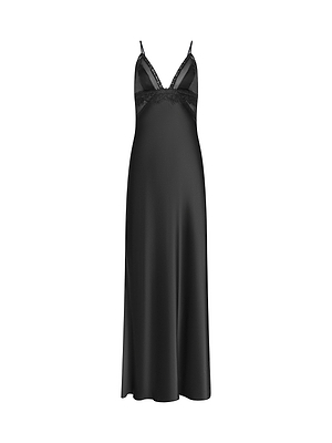 The Elsa Silk Gown is a long black satin slip dress with thin spaghetti straps, a deep V-neckline detailed with lace, and a relaxed fit for an elegant, lingerie-inspired look.