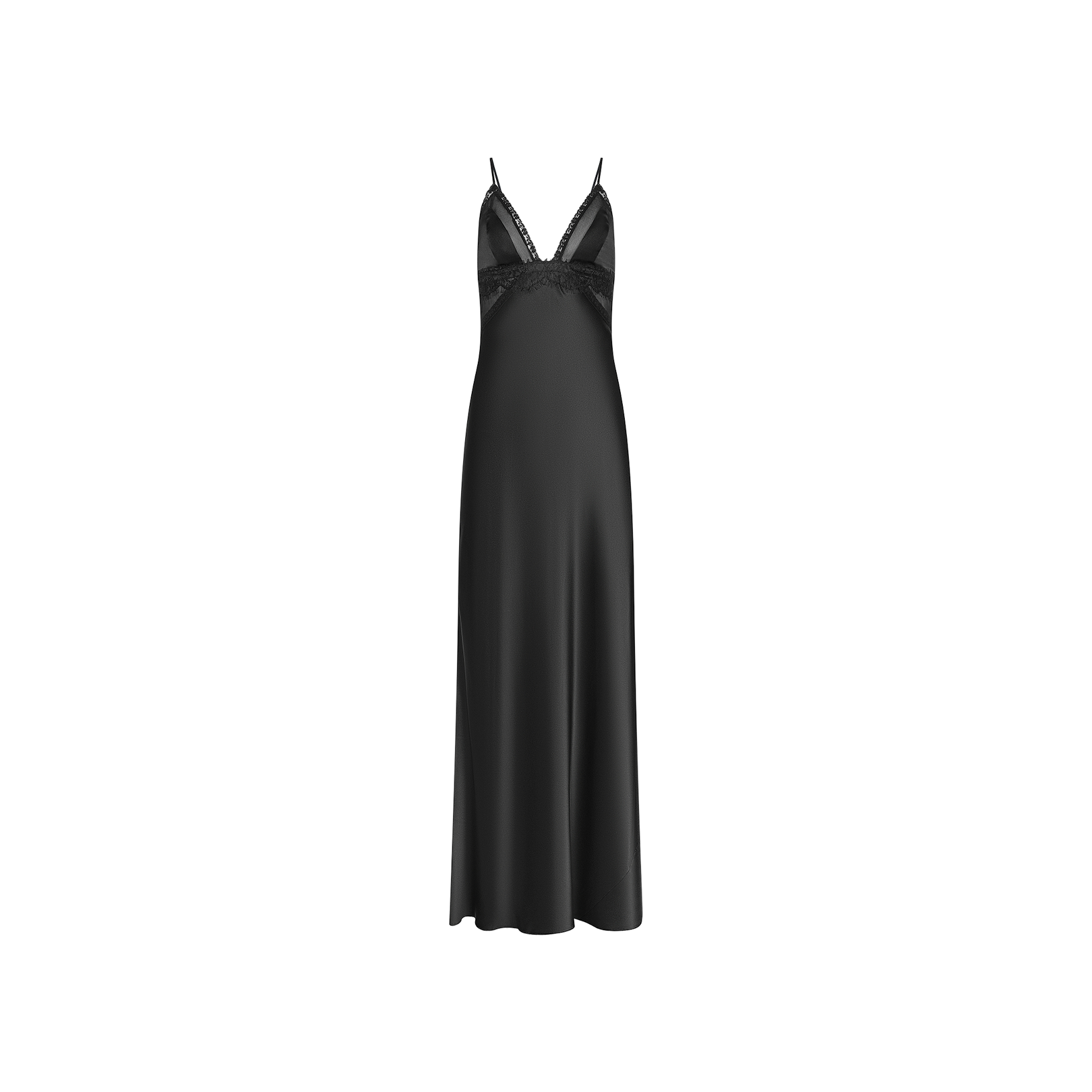 The Elsa Silk Gown is a sleeveless black slip dress crafted from lustrous silk, featuring delicate lace accents along the neckline and thin shoulder straps, shown against a white background.
