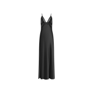The Elsa Silk Gown is a sleeveless black slip dress crafted from lustrous silk, featuring delicate lace accents along the neckline and thin shoulder straps, shown against a white background.