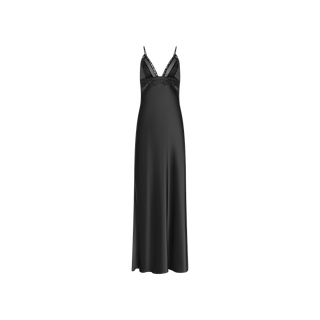 The Elsa Silk Gown is a sleeveless black slip dress crafted from lustrous silk, featuring delicate lace accents along the neckline and thin shoulder straps, shown against a white background.