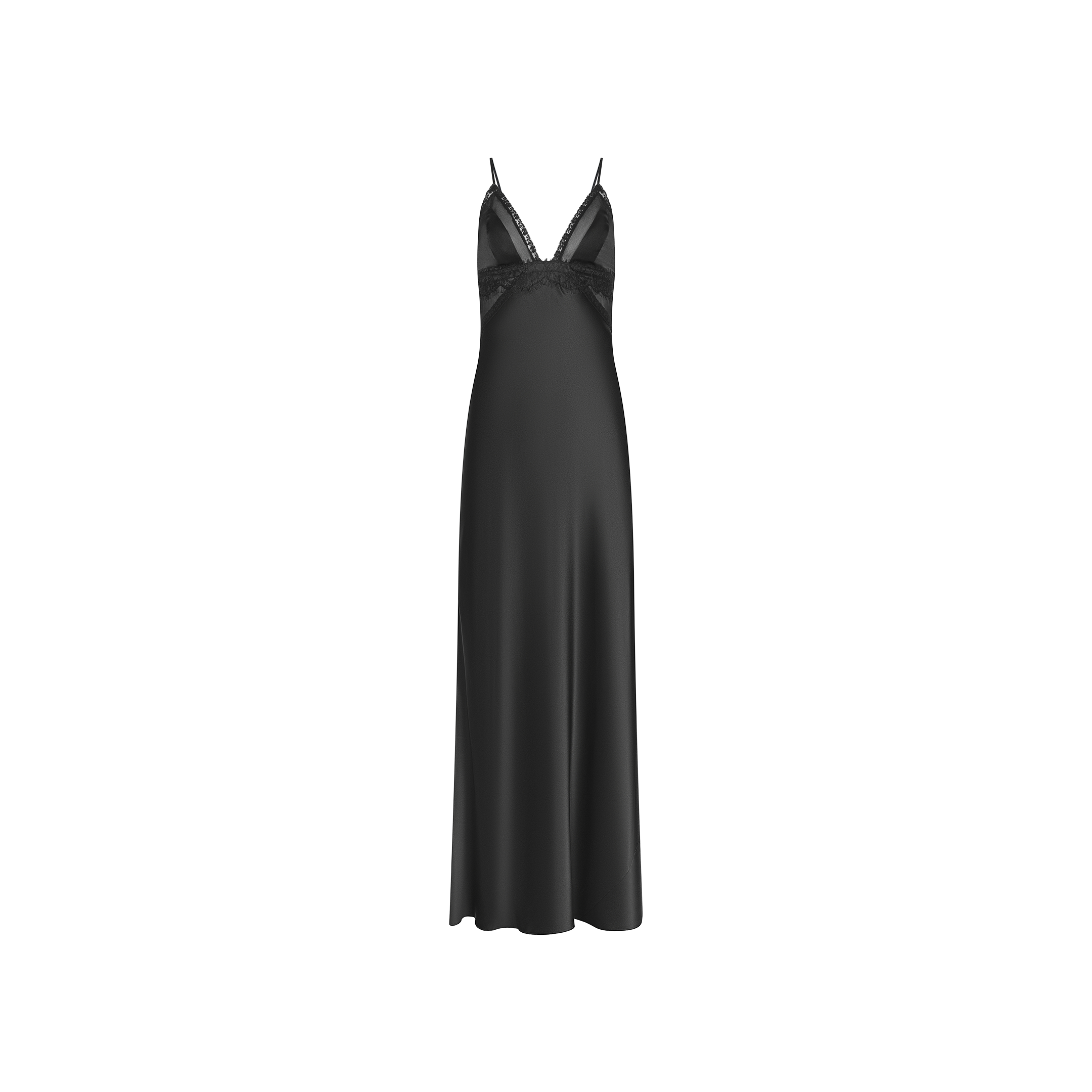 The Elsa Silk Gown is a sleeveless black slip dress crafted from lustrous silk, featuring delicate lace accents along the neckline and thin shoulder straps, shown against a white background.