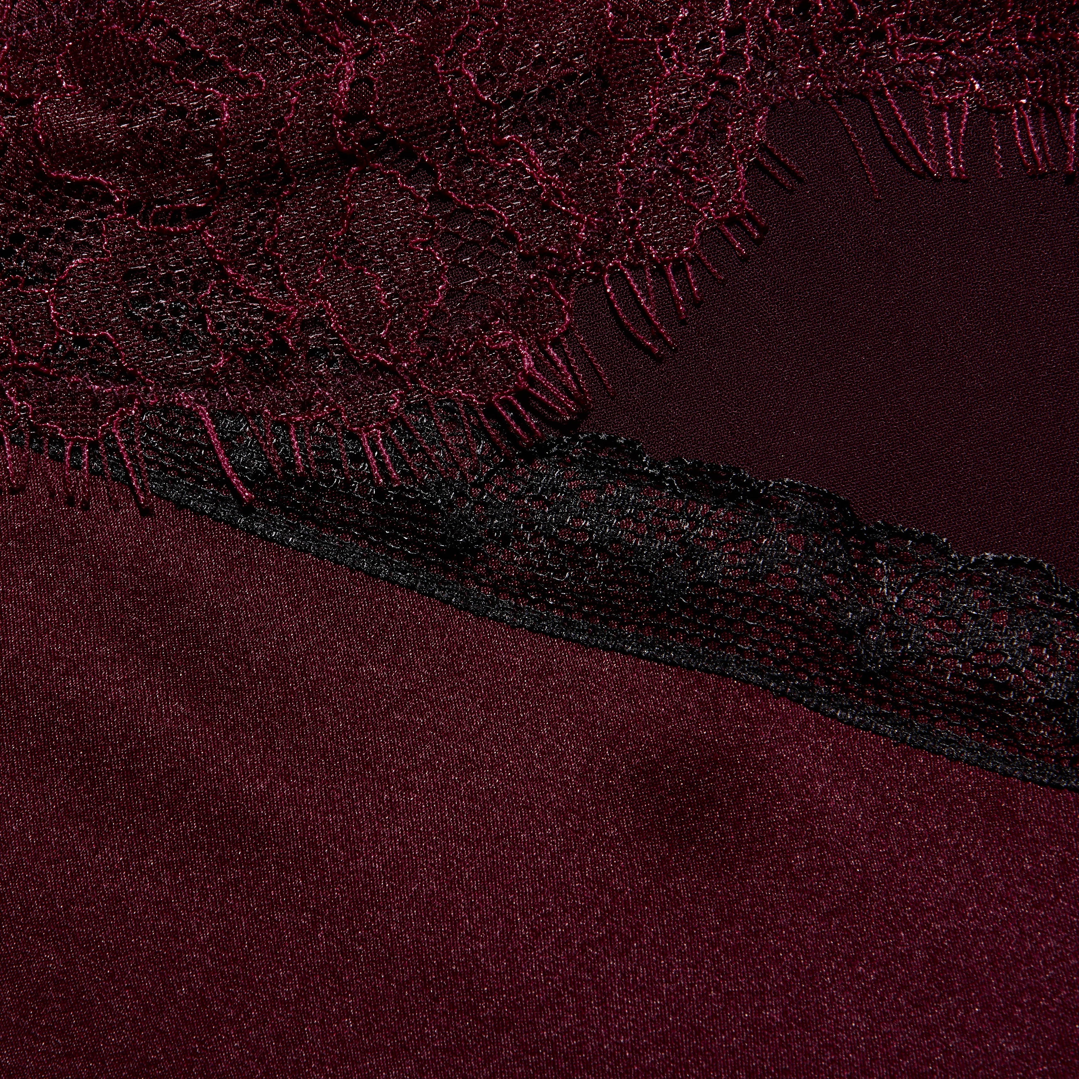 Elsa Silk Gown in burgundy silk, featuring a slip silhouette and black scalloped lace accents.