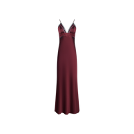Elsa Silk Gown: floor-length burgundy silk slip dress featuring black lace accents along the neckline and bodice.