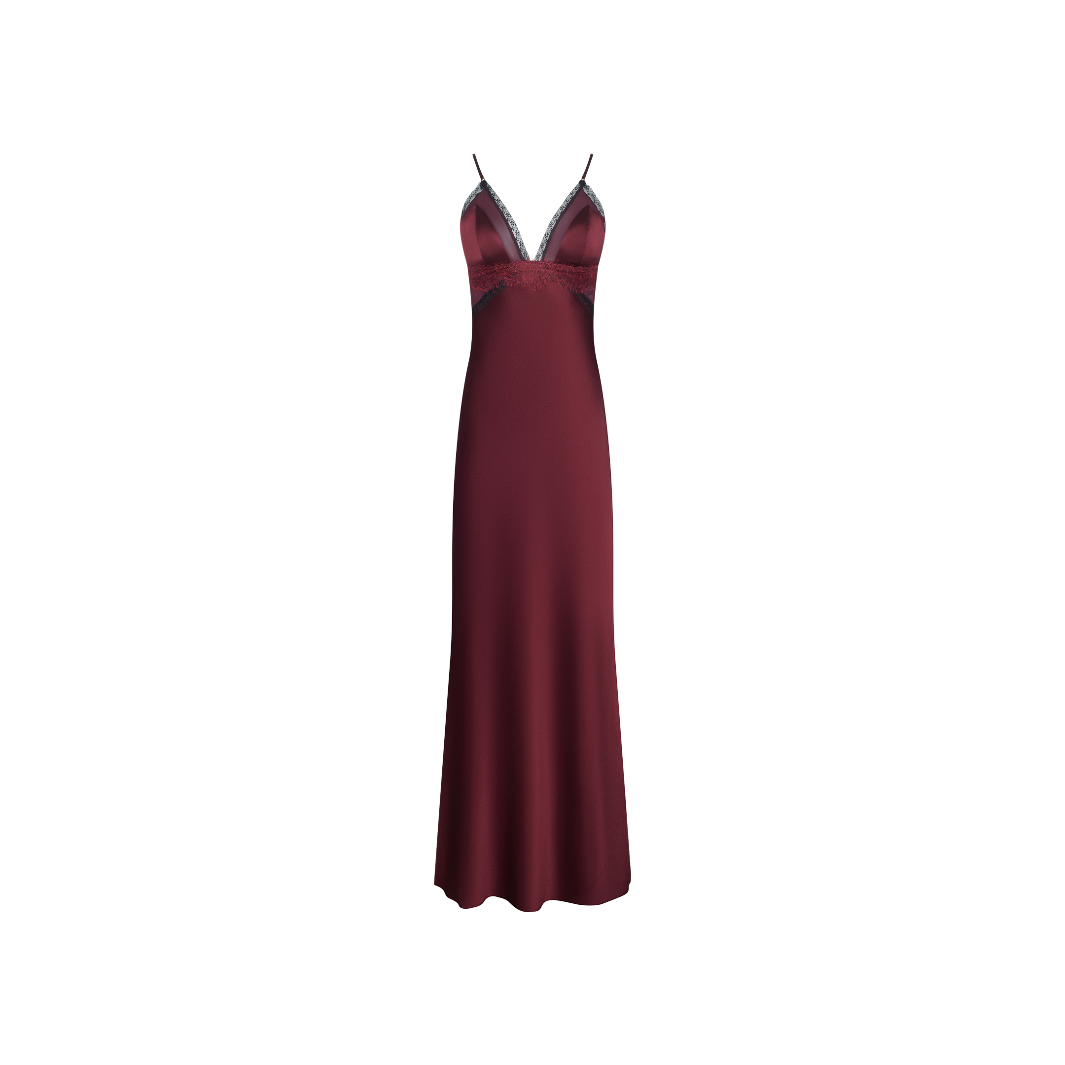Elsa Silk Gown: floor-length burgundy silk slip dress featuring black lace accents along the neckline and bodice.