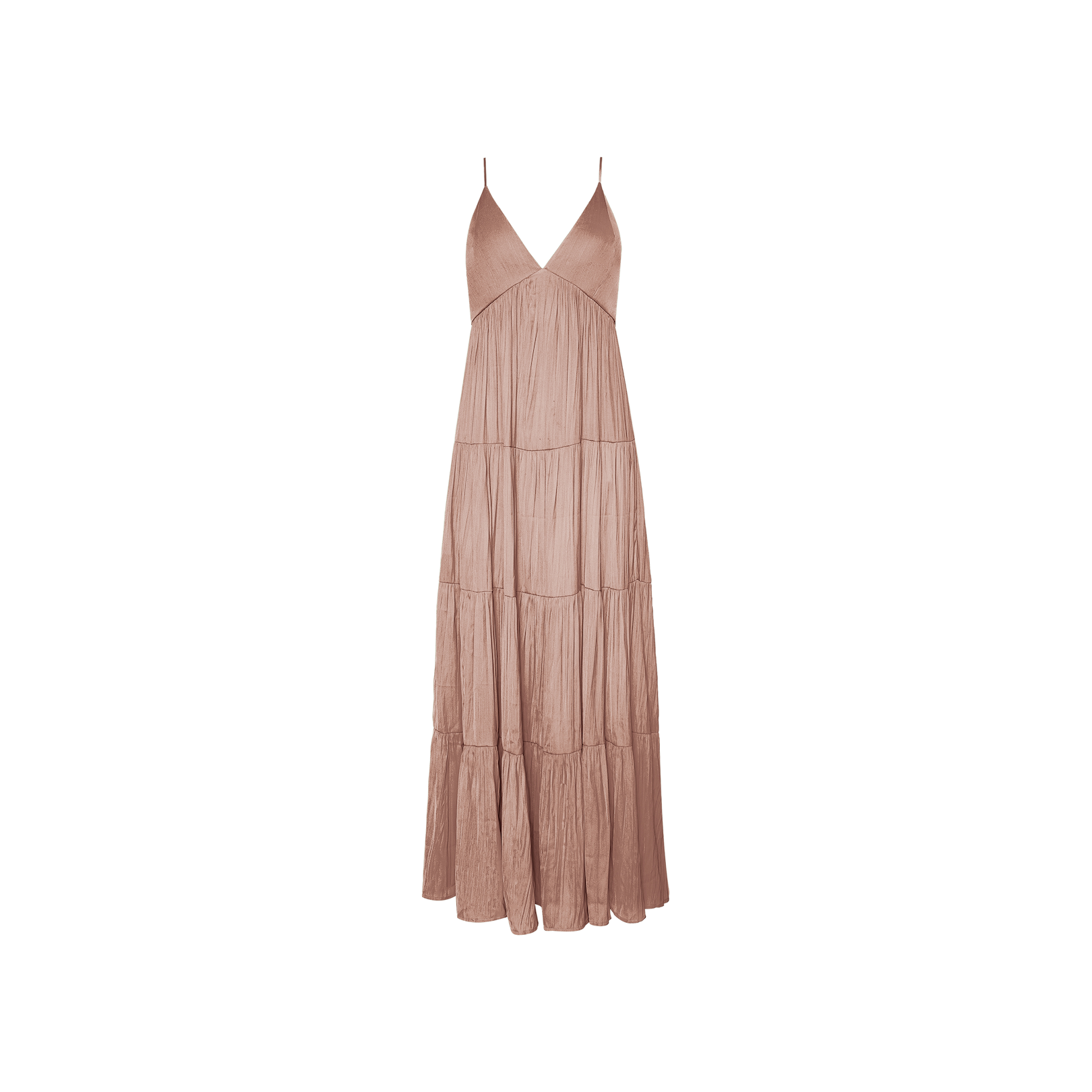 The Lua Tiered Maxi Dress is a sleeveless, ankle-length maxi dress in a neutral tan shade, featuring thin straps, a V-neckline, and tiered flowing crinkle-effect satin fabric, displayed on a plain white background.