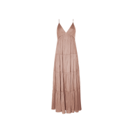 The Lua Tiered Maxi Dress is a sleeveless, ankle-length maxi dress in a neutral tan shade, featuring thin straps, a V-neckline, and tiered flowing crinkle-effect satin fabric, displayed on a plain white background.