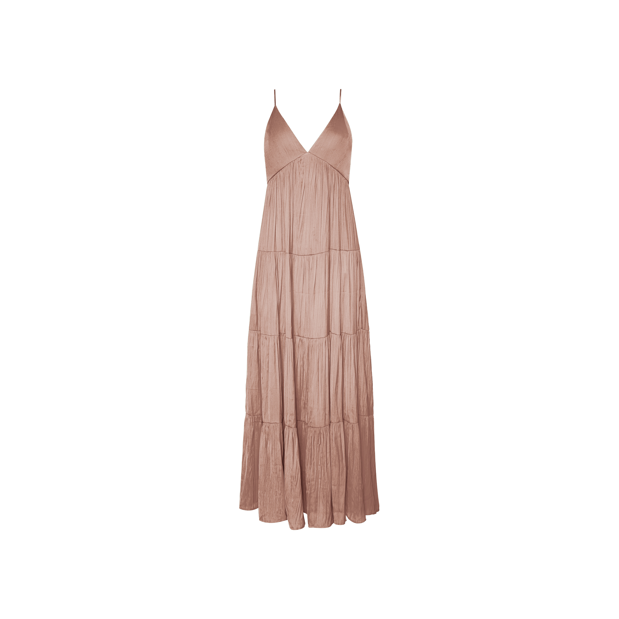 The Lua Tiered Maxi Dress is a sleeveless, ankle-length maxi dress in a neutral tan shade, featuring thin straps, a V-neckline, and tiered flowing crinkle-effect satin fabric, displayed on a plain white background.
