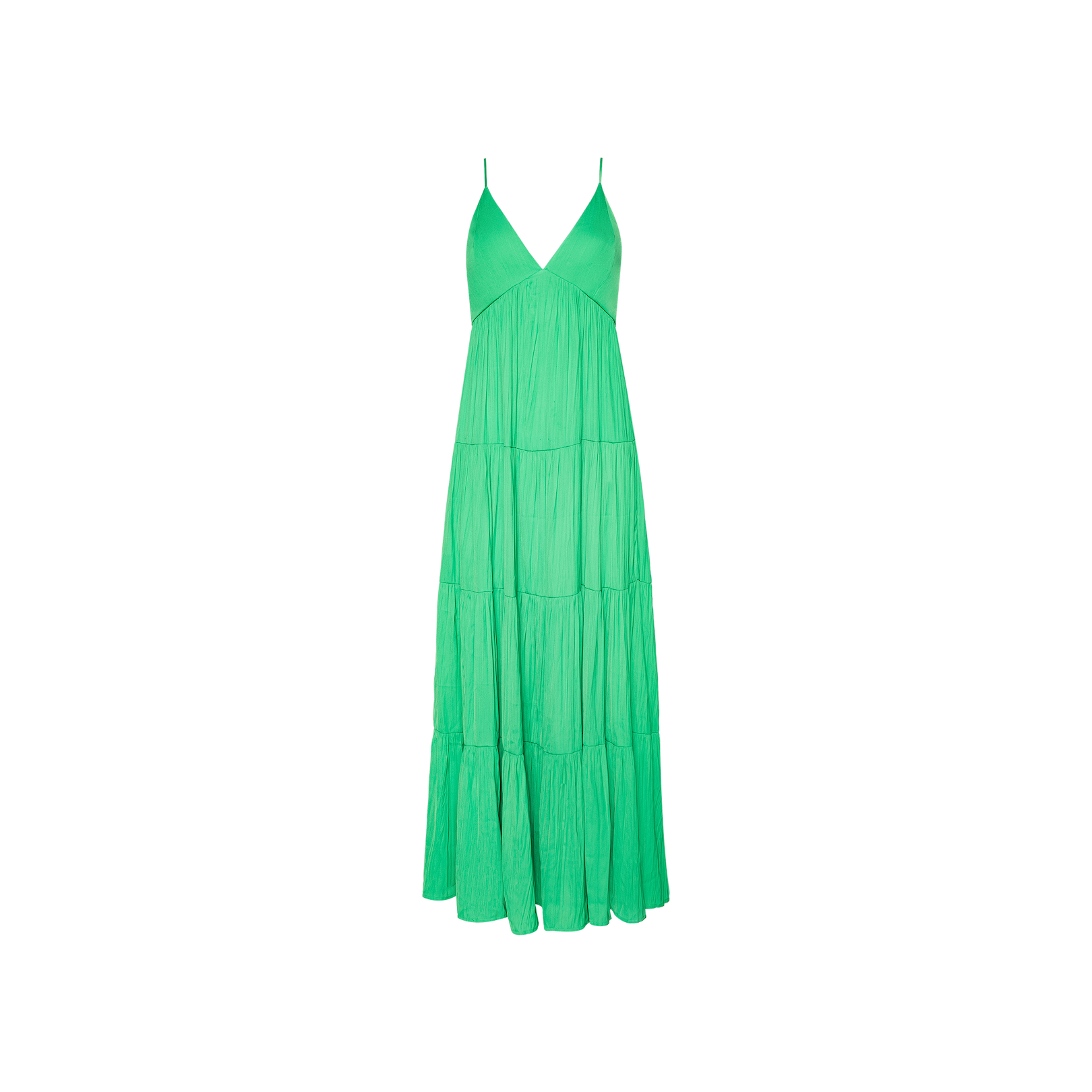 The Lua Tiered Maxi Dress is a sleeveless green maxi dress with tiered layers and a crinkle-effect satin finish. It features adjustable spaghetti straps and a V-neckline, and is displayed on a plain white background.