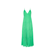 The Lua Tiered Maxi Dress is a sleeveless green maxi dress with tiered layers and a crinkle-effect satin finish. It features adjustable spaghetti straps and a V-neckline, and is displayed on a plain white background.
