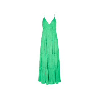 The Lua Tiered Maxi Dress is a sleeveless green maxi dress featuring adjustable spaghetti straps, a V-neckline, and a tiered silhouette, crafted from crinkle-effect satin and shown against a plain white background.