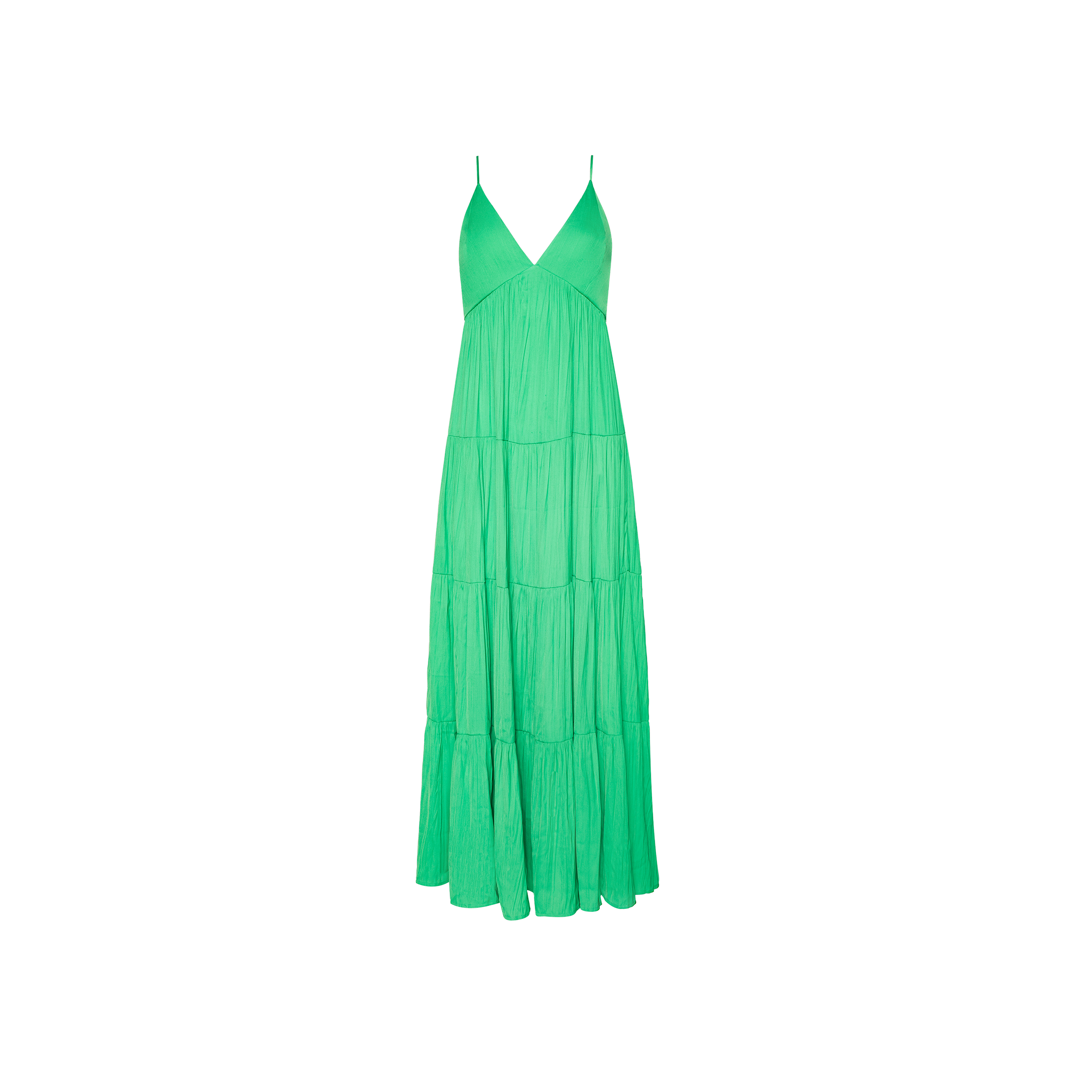 The Lua Tiered Maxi Dress is a sleeveless green maxi dress with tiered layers and a crinkle-effect satin finish. It features adjustable spaghetti straps and a V-neckline, and is displayed on a plain white background.