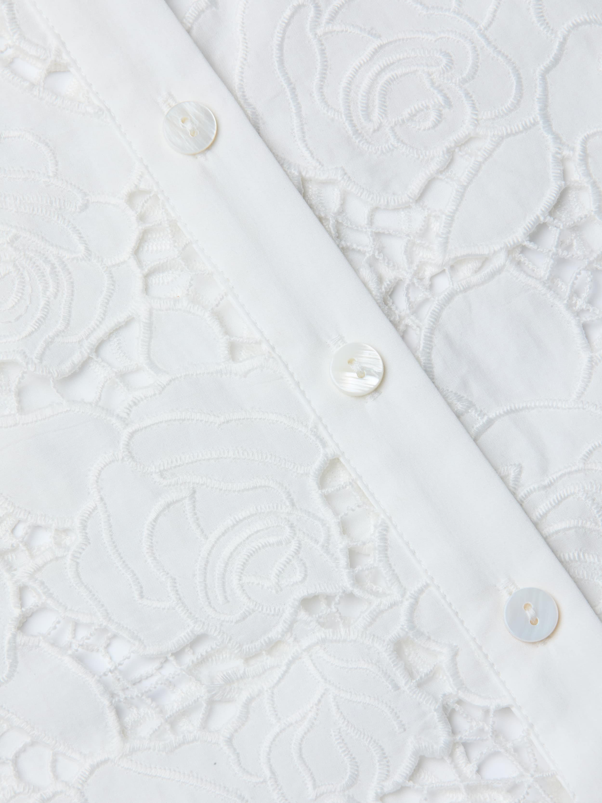 Close-up of a white lace fabric with floral patterns and three white buttons sewn along a vertical seam, reminiscent of the detailing on the May Eyelet Shirt Dress.