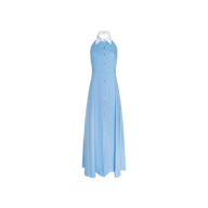 Maurie Poplin Maxi Dress in sleeveless light blue, crafted from an organic cotton-blend with a maxi length and a white pointed collar, shown on a headless mannequin against a plain white background.