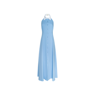 Maurie Poplin Maxi Dress in light blue, sleeveless halter style, crafted from organic cotton poplin with a white pointed collar and front button closure, showcased on a mannequin against a plain white background.
