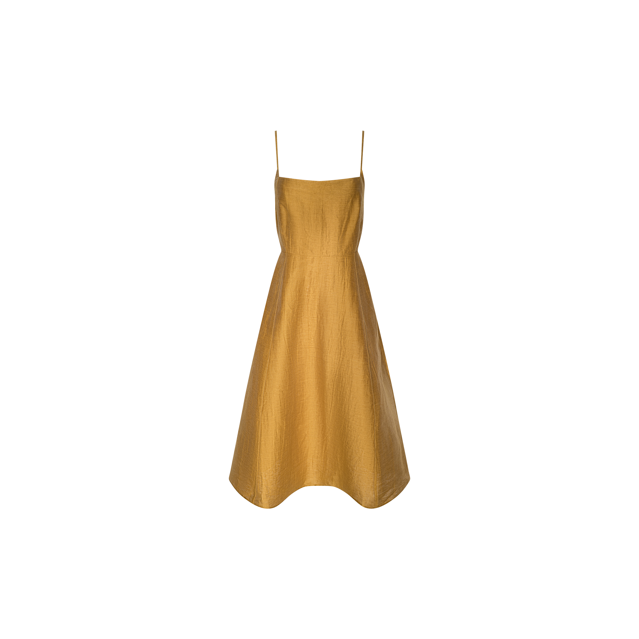 The Meredith Linen-Blend Dress is a sleeveless, A-line summer dress in mustard yellow, featuring a linen blend fabric and thin spaghetti straps, shown against a plain white background.