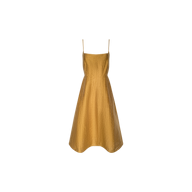 The Meredith Linen-Blend Dress is a sleeveless, A-line summer dress in mustard yellow, featuring a linen blend fabric and thin spaghetti straps, shown against a plain white background.