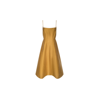 The Meredith Linen-Blend Dress is a sleeveless mustard yellow midi dress, featuring thin spaghetti straps and a flared A-line skirt, displayed on a plain white background—perfect for breezy summer days.