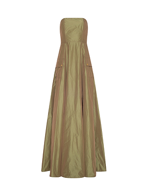 The Nessa Strapless Gown is an olive green formal dress with a fitted bodice, flared skirt, and two front pockets with button flaps. Its smooth, slightly shiny fabric adds elegance, perfect for evening events.