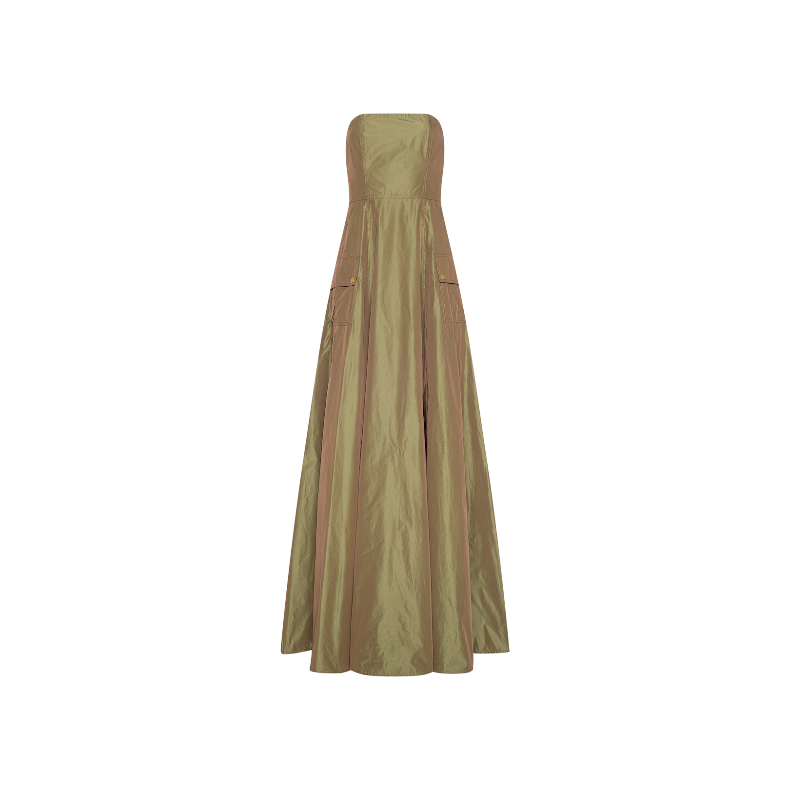 Introducing the Nessa Strapless Gown: a floor-length evening dress in olive green, designed with a fitted bodice and a flared, flowing skirt. The subtly lustrous fabric is accented by two front pockets with button details.