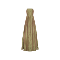 Introducing the Nessa Strapless Gown: a floor-length evening dress in olive green, designed with a fitted bodice and a flared, flowing skirt. The subtly lustrous fabric is accented by two front pockets with button details.