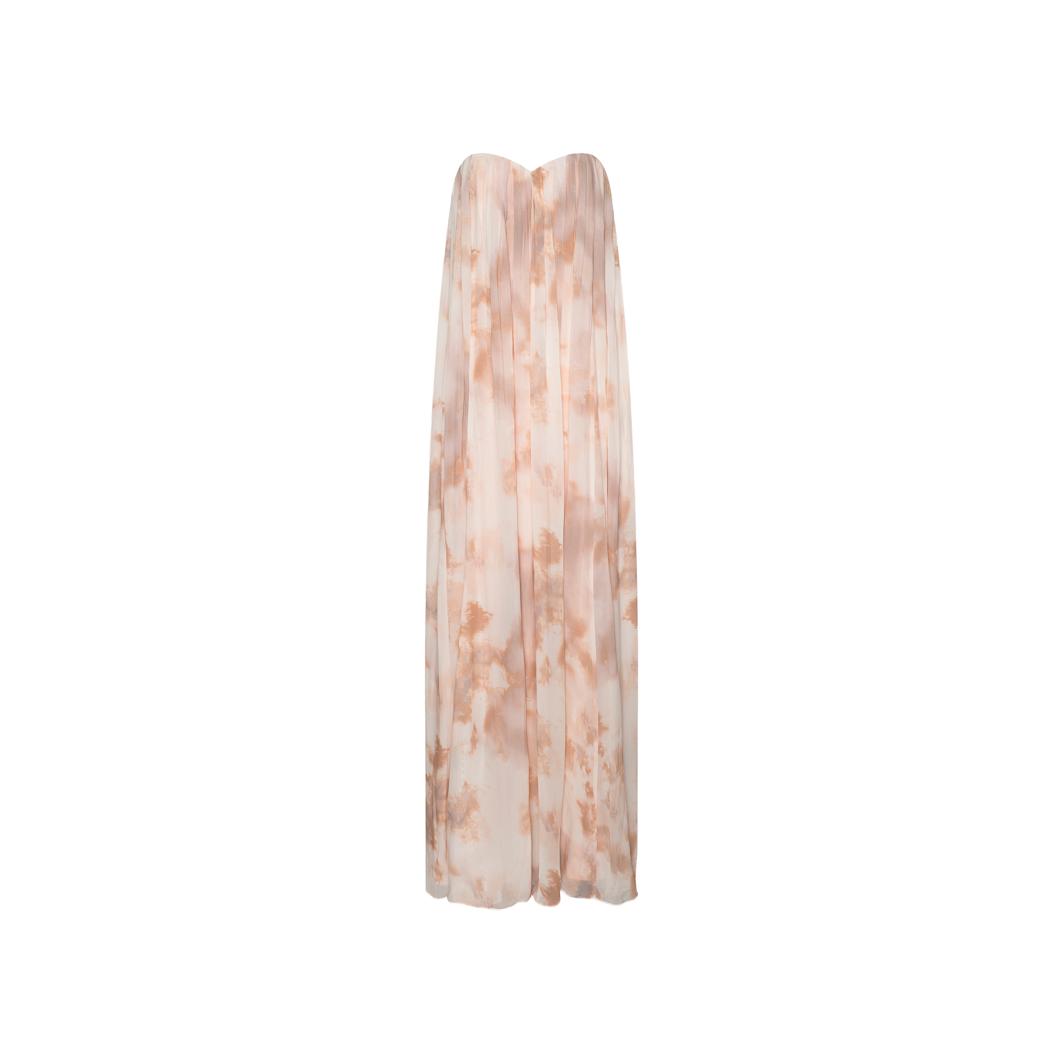 Raine Strapless Gown, a floor-length sheer dress with a peach and white tie-dye pattern and a built-in corset, shown on a white background.