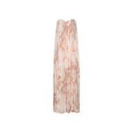 Raine Strapless Gown, a floor-length sheer dress with a peach and white tie-dye pattern and a built-in corset, shown on a white background.