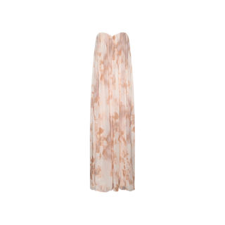 A strapless beige and white Raine gown with a graceful tie-dye pattern, showcased against a plain white background.