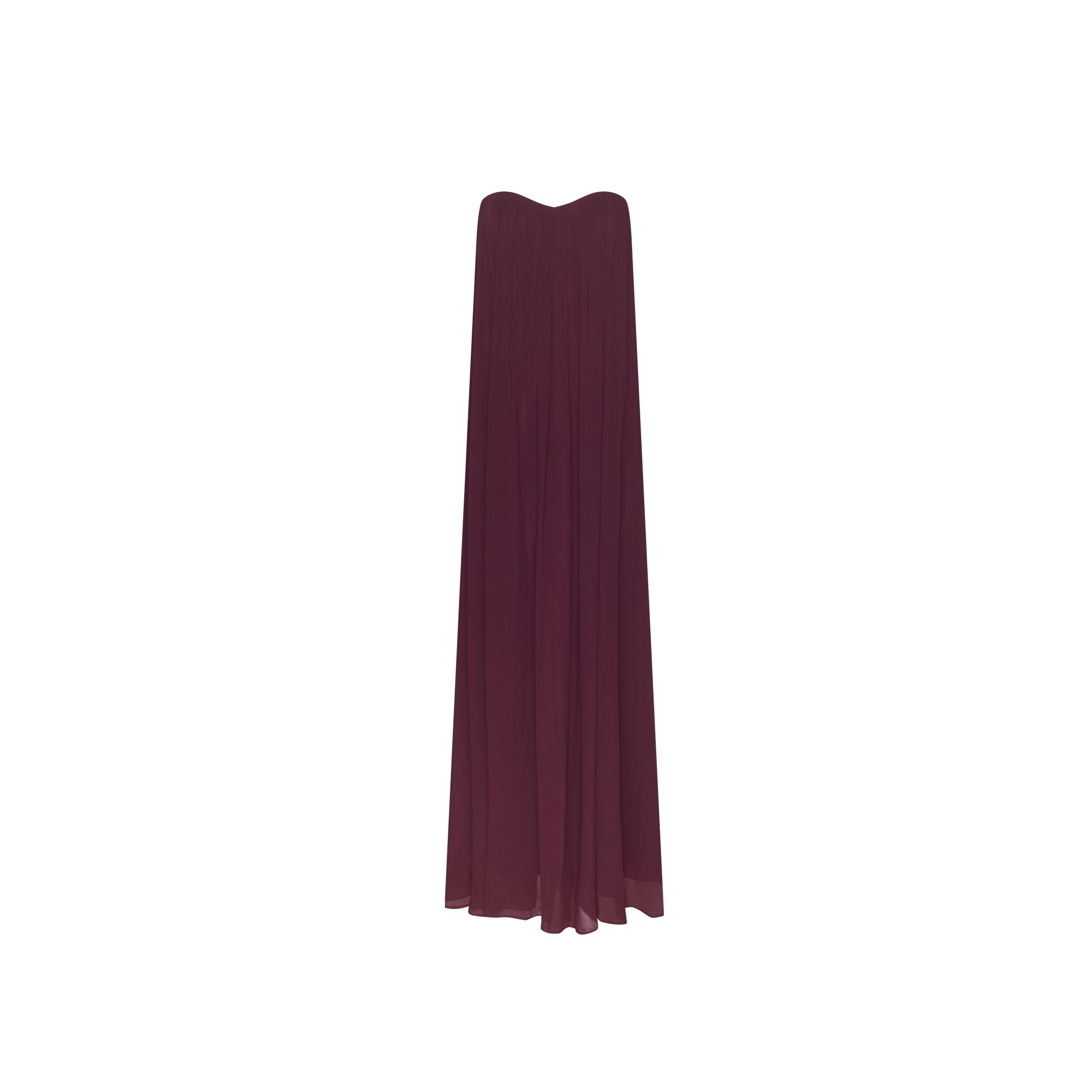 Floor-length strapless Raine Strapless Gown in deep burgundy viscose chiffon, featuring a pleated bodice and a flowing skirt.