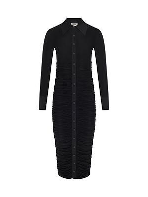 The Adriana Ruched Midi Dress is a long-sleeved black dress with a poplin collar, button-down front, and ruched details along the skirt and bodice.
