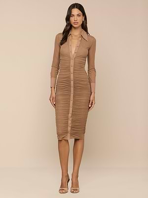 ruched midi dress long sleeve Adriana Ruched Midi Dress in Hazelnut