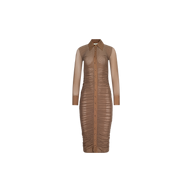 The Adriana Ruched Midi Dress, shown on a white background, is a brown, long-sleeve dress featuring a poplin collared neckline, button-down front, all-over ruched detailing, and a midi length.