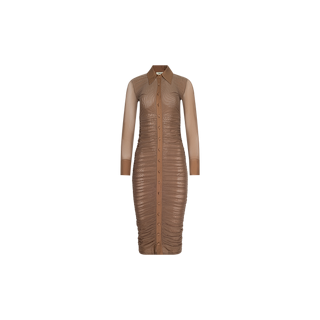 The Adriana Ruched Midi Dress is a brown, long-sleeve, button-down midi dress with a poplin collar and ruched detailing on the front. Featuring a fitted silhouette reminiscent of classic ruching dresses, it is displayed against a plain white background.